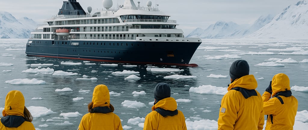 Travelers on an eco-friendly polar expedition observing the ice field.