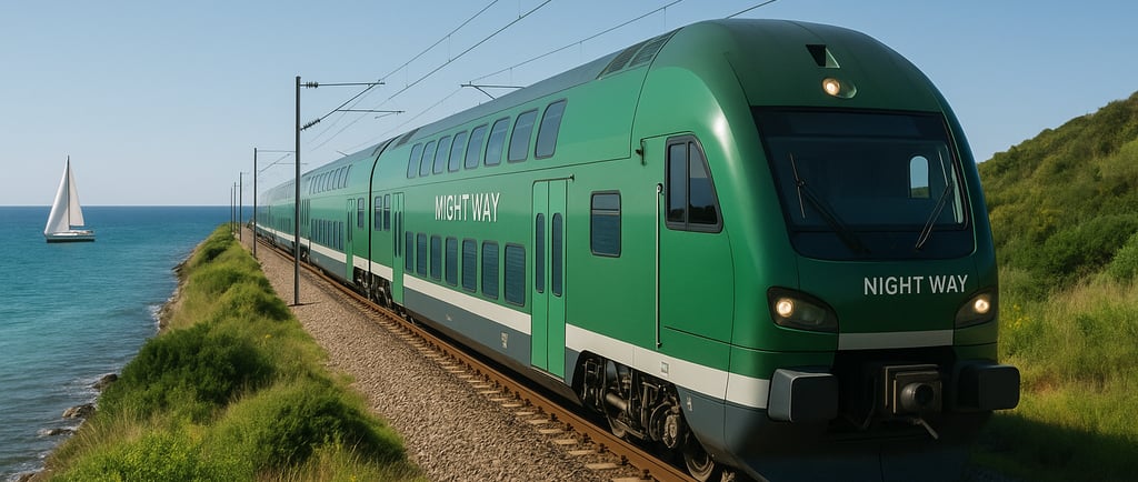 Night train and sailboat symbolizing flight-free travel.