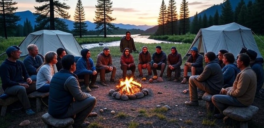 Travelers on a guided bivouac in a natural park at dusk.
