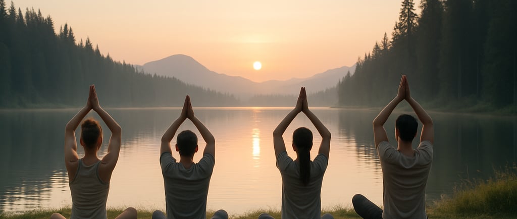 Sunrise yoga session during a nature wellness retreat.