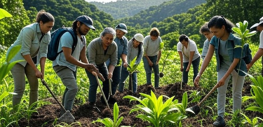 Travelers participating in a regenerative tourism initiative in a tropical forest.