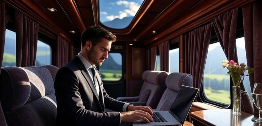 Professional working remotely in a luxury train cabin with scenic nature views.