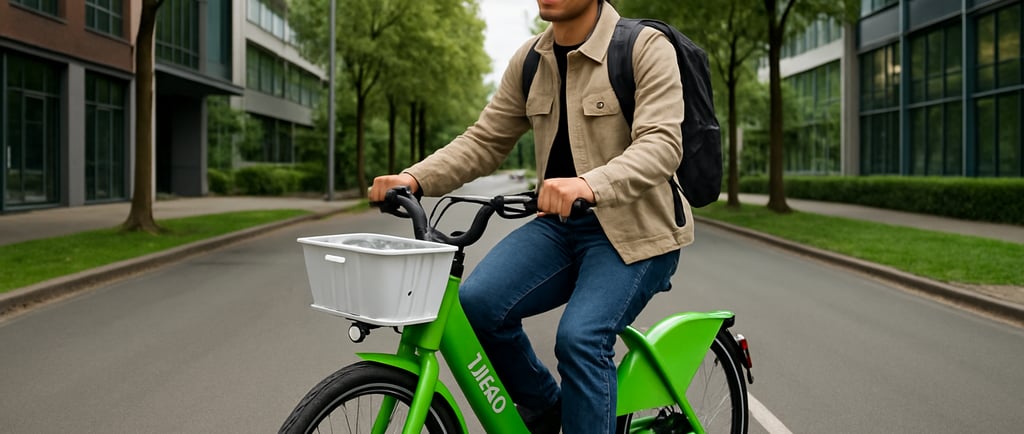 Person riding a shared electric bike in an eco-friendly city.
