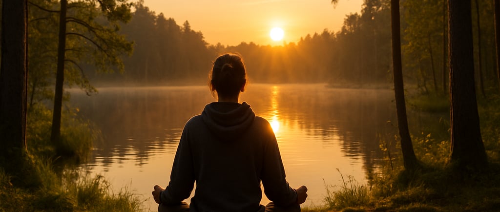 Person meditating alone in a peaceful natural environment, symbolizing silent travel in 2025.