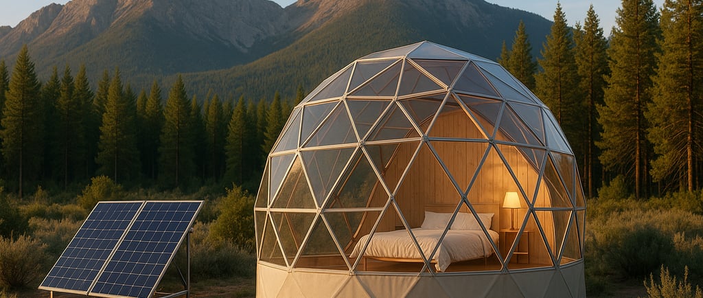 Off-grid eco-lodge in nature with solar panels.