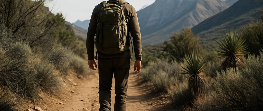 Solo traveler walking through a vast, quiet natural landscape.