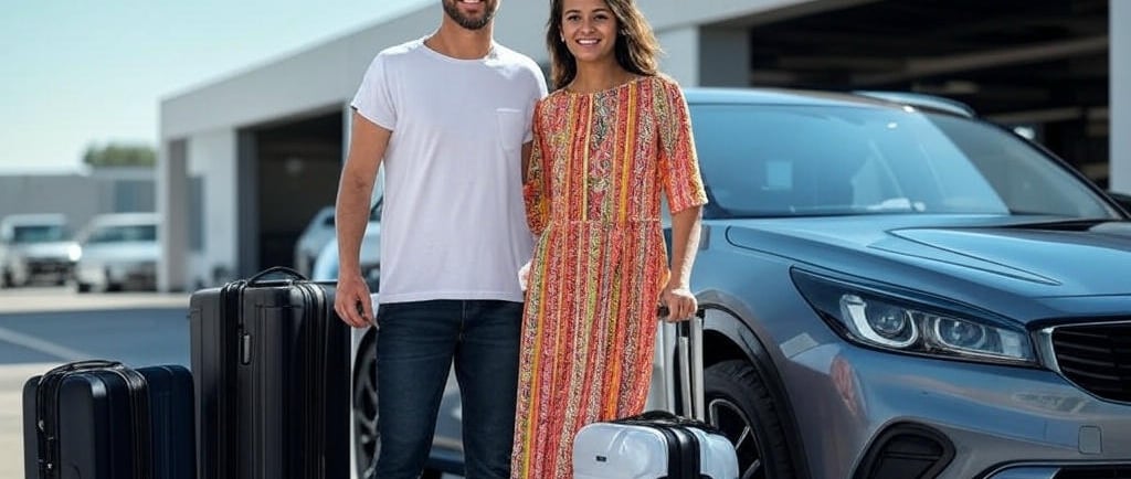 Happy travelers picking up a modern rental car under a blue sky, luggage beside them, relaxed vacation atmosphere.