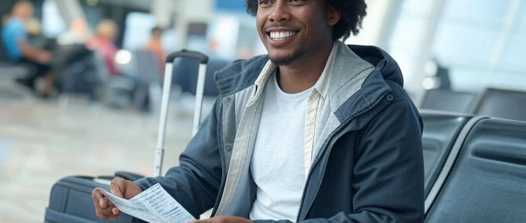 Traveler sitting in an airport, looking at their flight ticket with a relieved expression after receiving compensation, suitc