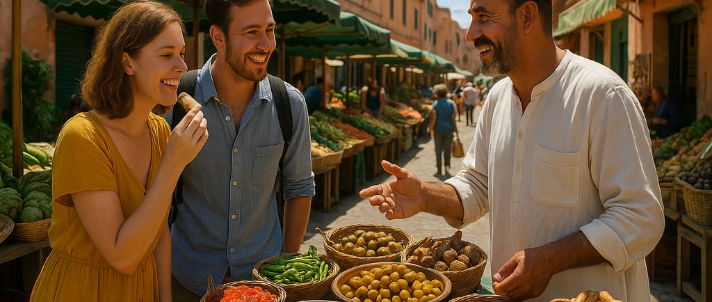 Travelers exploring local products at a sustainable market.