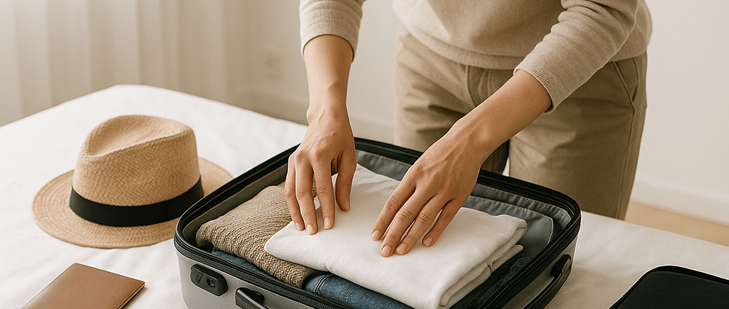 Female traveler packing a light suitcase in a bright room.