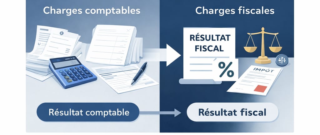 Illustration pédagogique montrant la différence entre charges comptables et charges fiscales et leur
