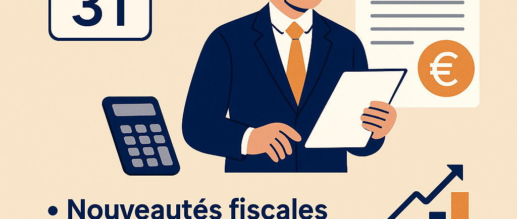 Illustration d’un bureau moderne avec ordinateur, documents fiscaux et graphiques bleus symbolisant