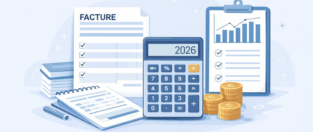 Illustration des bases de la comptabilité pour entrepreneurs débutants en 2026 avec factures, calcul