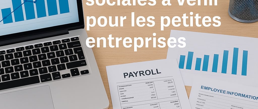 Illustration d’un bureau moderne avec ordinateur, fiches de paie et graphiques sociaux bleus symboli