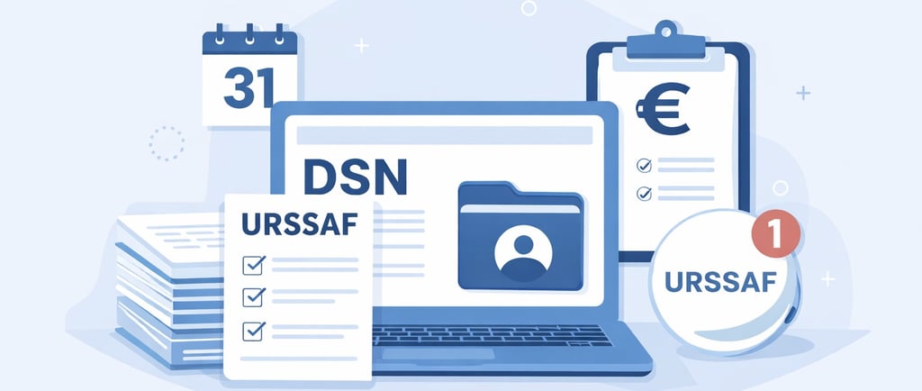 Illustration des obligations DSN et déclarations sociales en 2026 : documents sociaux, ordinateur et