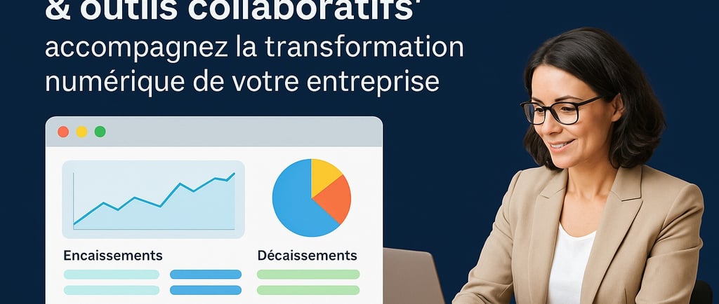 Femme travaillant sur un ordinateur avec un tableau de bord numérique illustrant encaissements, déca