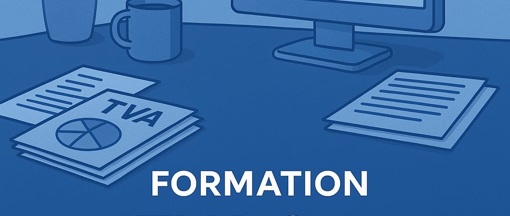 Illustration d’un bureau moderne avec ordinateur, documents fiscaux et graphiques bleus symbolisant