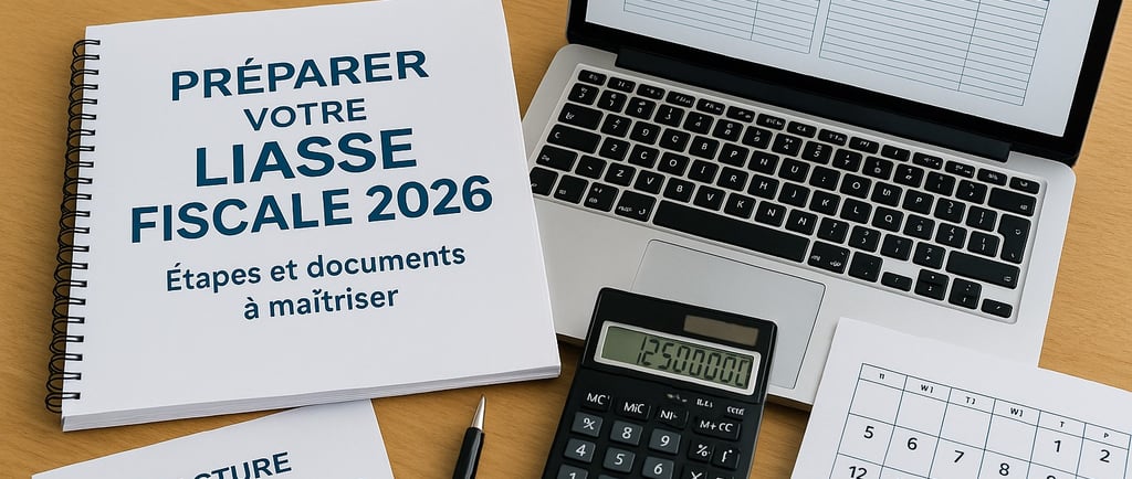 Illustration de la préparation de la liasse fiscale 2026 pour une TPE avec documents comptables, ord