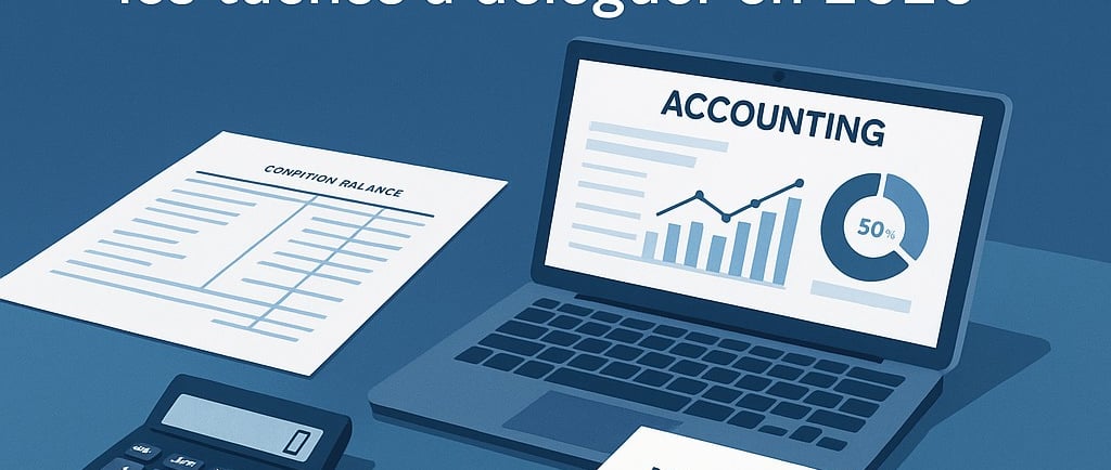 Image illustrant l’automatisation comptable et l’IA en 2026 avec ordinateur, factures, calculatrice