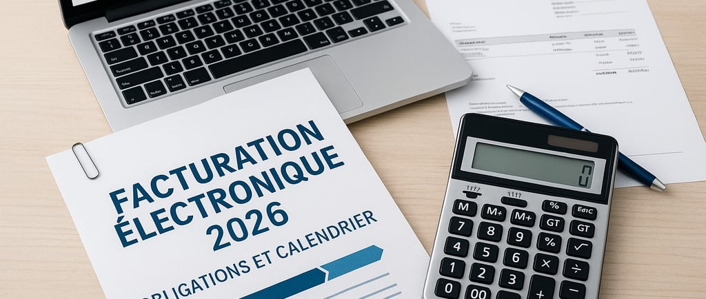 Image illustrant la facturation électronique 2026 avec documents, ordinateur, facture et calculatric