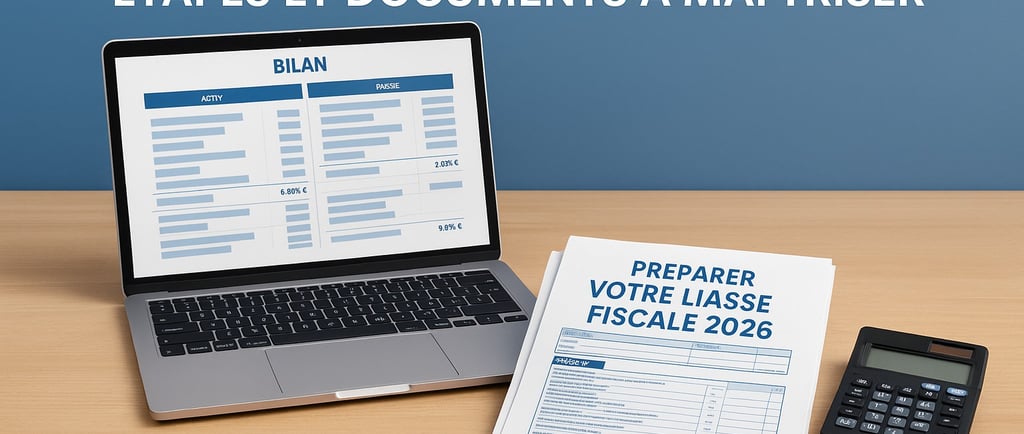 Visuel professionnel illustrant la préparation de la liasse fiscale 2026 avec documents fiscaux, bil