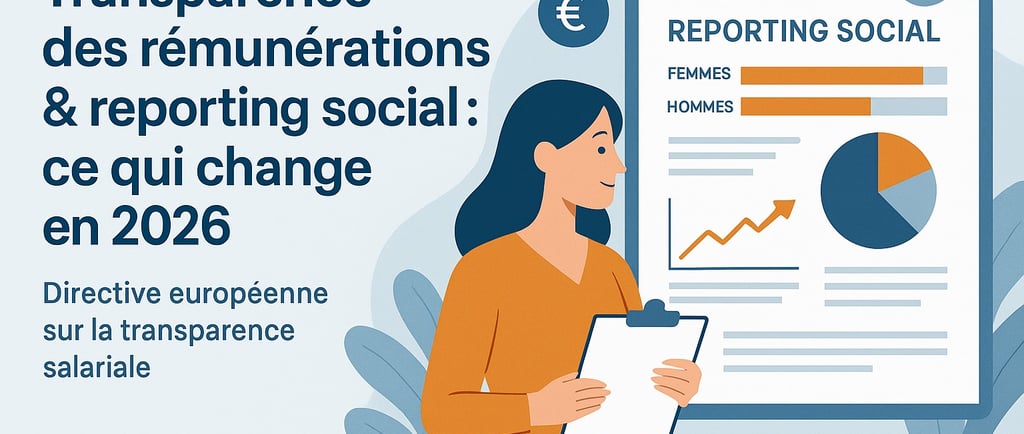 Illustration d’une femme consultant un reporting social avec graphiques sur les écarts de rémunérati