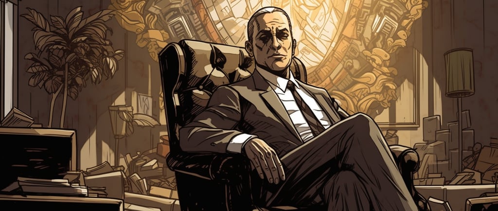 a man in a suit and tie sitting in a chair