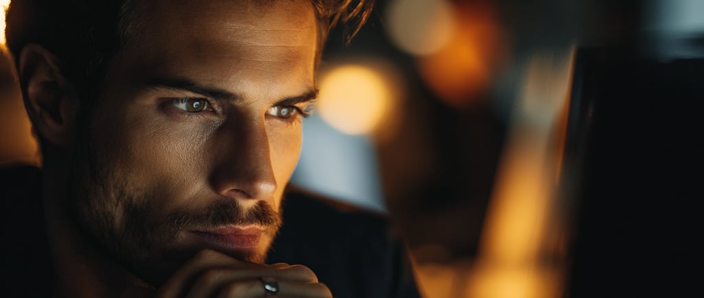 Focused professional businessman working late at a computer screen in a dark office with warm lighting.