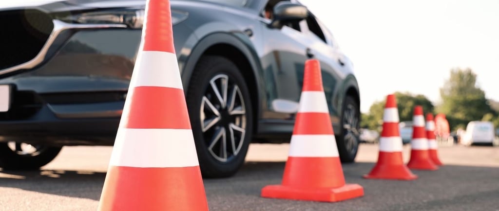 Automobilis ir kelio kūgelių eilė – vairavimo mokyklos mokymų simbolis