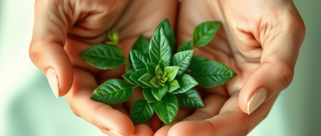 a person holding a plant in their hands