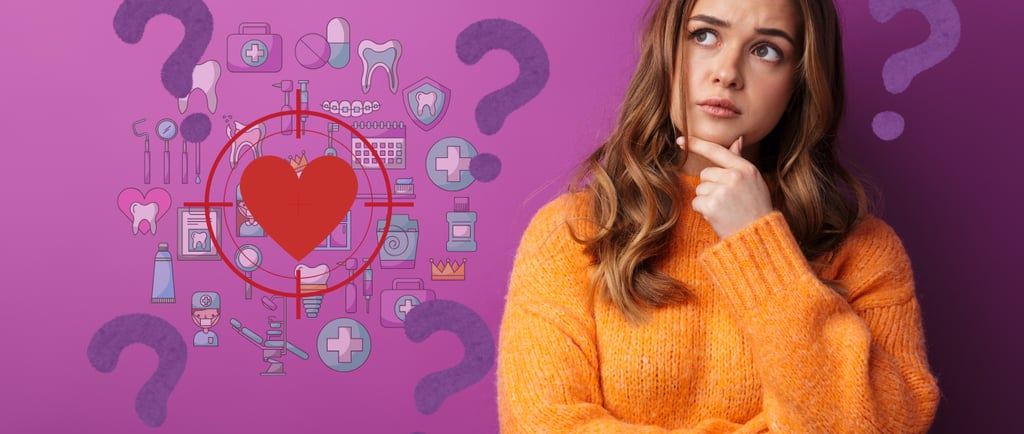 a woman with a heart in her hand, with question marks on her face