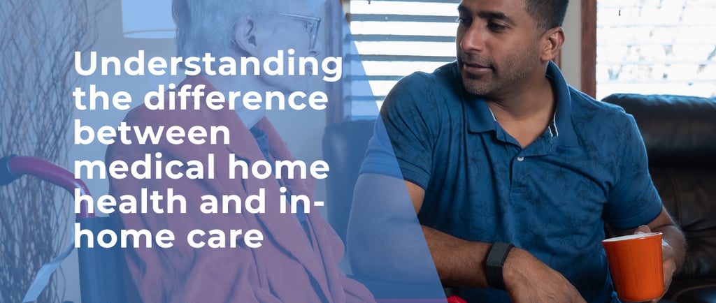 A male caregiver talks with an elderly woman about medical home health and in-home care services.