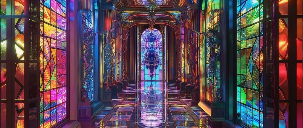 a hallway with stained glass windows and stained glass
