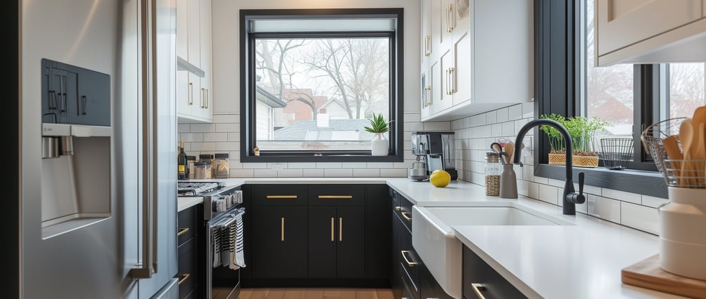 a kitchen with a sink and a large window