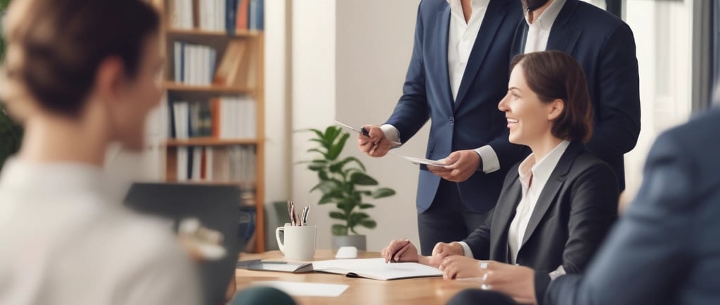 A professional consultation setting with a medical professional sitting at a desk facing a client. The room has a modern aesthetic with white walls decorated with framed certificates. The desk is organized with office supplies, a laptop, and a fruit bowl in the center.