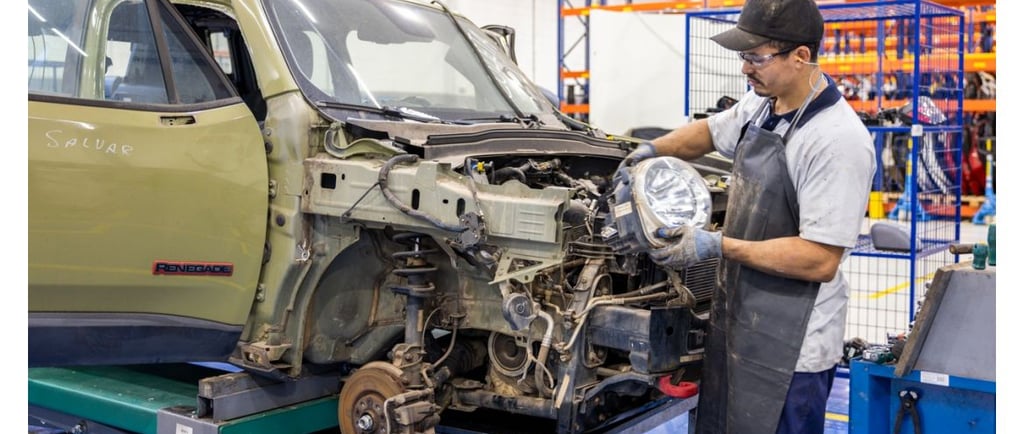 centro de desmontagem de carros com um trabalhador retirando o farol de um carro