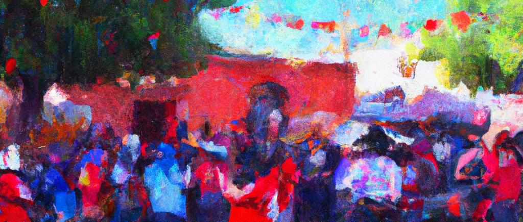 a painting of a couple dancing at a festival