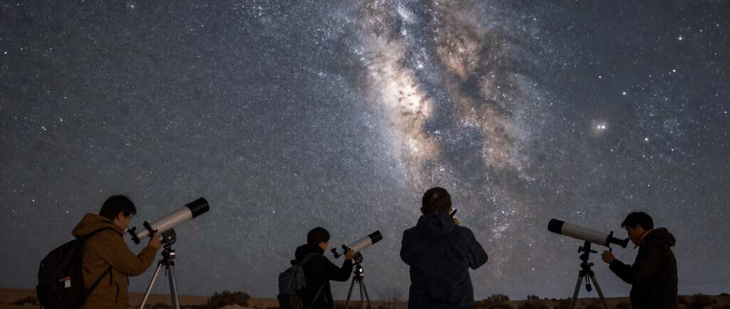 Astronomers use telescopes to observe the vibrant Milky Way galaxy in a dark night sky.