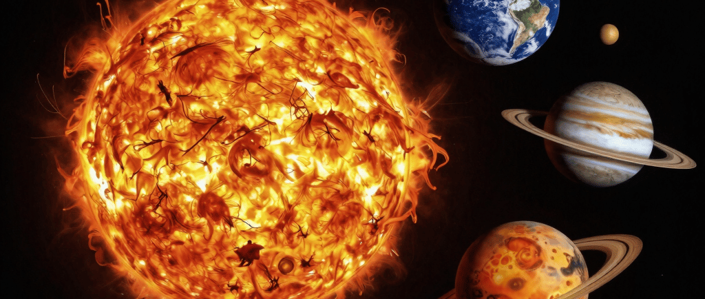 A glowing sun surrounded by planets including Earth and Saturn in a dark solar system galaxy.