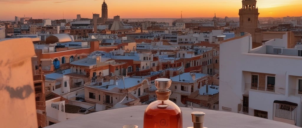 a bottle of perfume sitting on top of a red ribbon