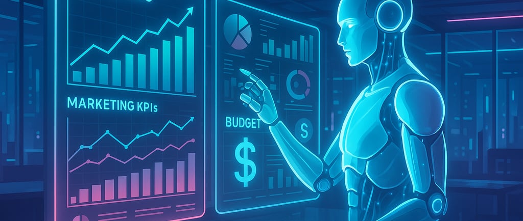 AI robot analyzing marketing KPIs and budget data on digital dashboards, symbolizing how artificial