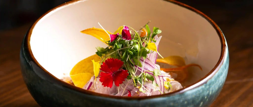 A bowl of ceviche in Lima Ceviche Bar restaurant in Lisbon, Portugal