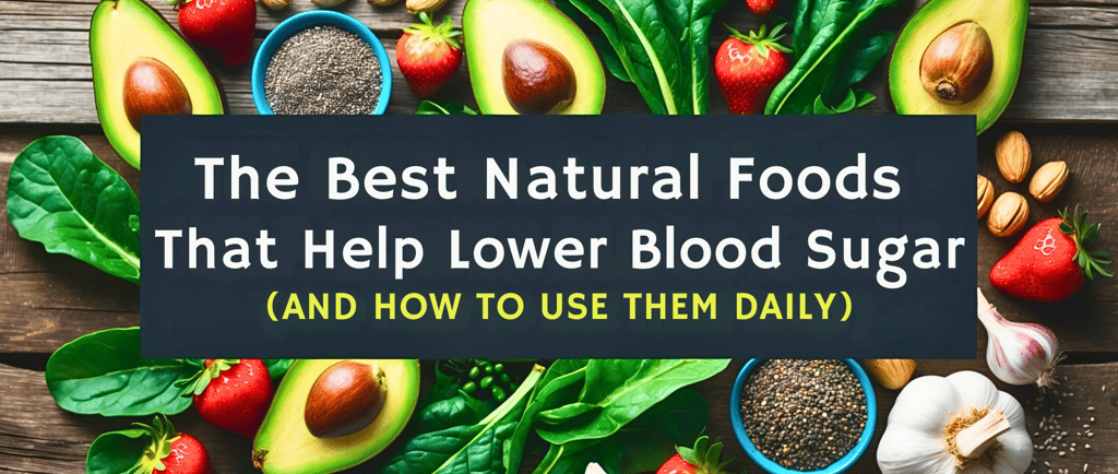 Colorful natural foods like strawberries, avocado, and greens arranged on a wooden table