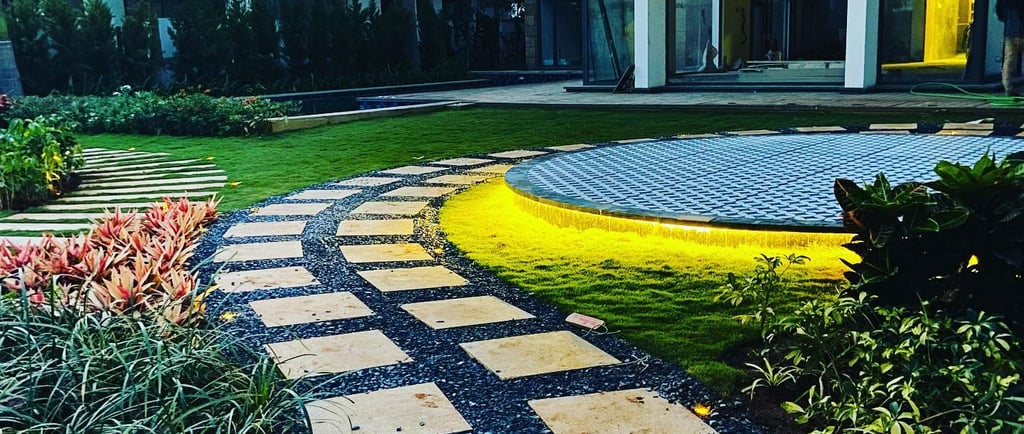 Custom villa garden with fountain and seating