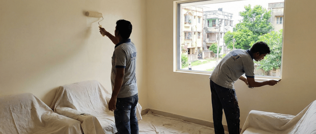 Professional house painters applying off-white paint to interior walls with a roller and brush.