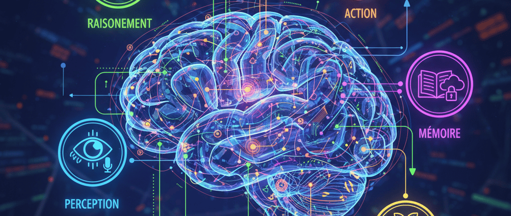 une illustration conceptuelle montrant un cerveau stylisé ou un diagramme de flux complexe, avec des