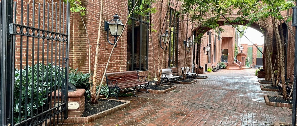 Brick sidewalk in alleyway of historic district of downtown Lancaster, Pennsylvania