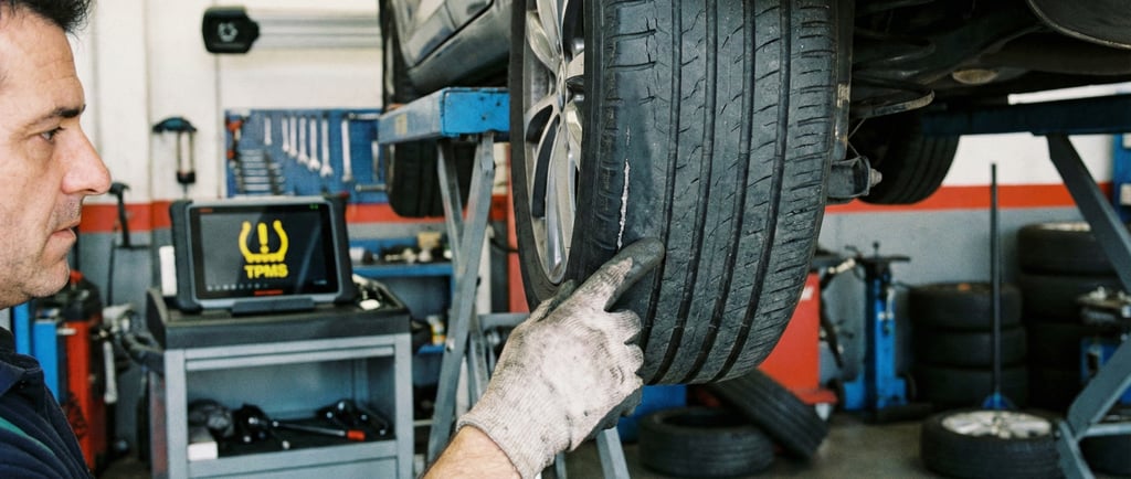 Mecánico en taller Neumáticos Sangar en Ávila revisando un desgaste irregular grave en la rueda tras