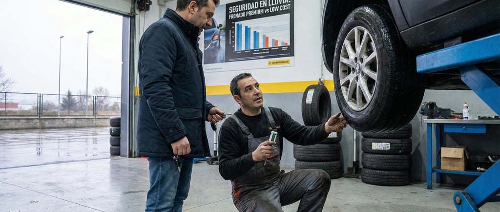 Mecánico Taller Neumáticos Sangar Ávila explicando a un cliente la diferencia de frenado en lluvia