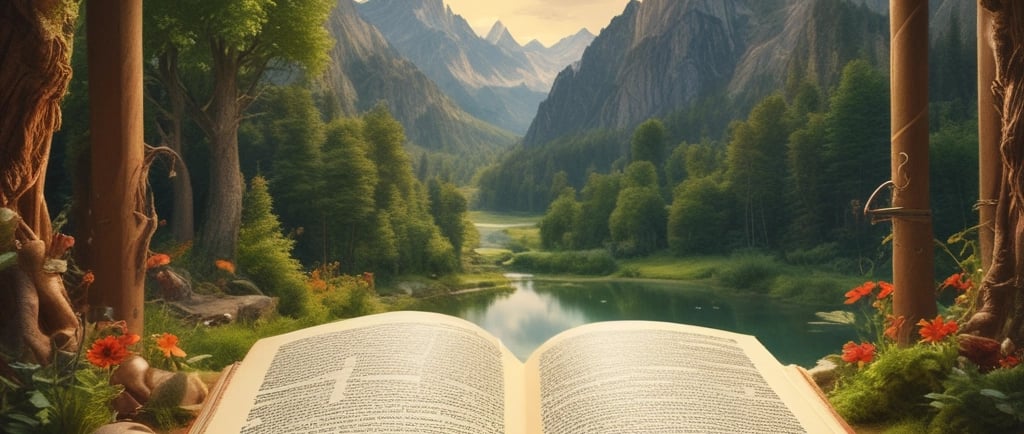 An open book rests on an intricately patterned surface, with a dark wand placed diagonally across its pages. Several small glass bottles filled with colorful liquids are arranged in the background, suggesting a magical or alchemical theme. A soft, fur-like texture partially occupies the right side of the image.